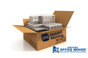District Moving open cardboard box carrying a building model